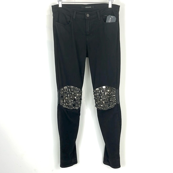 J Brand Dusk Knee-Embellished Leather-Paneled Mid-Rise Skinny Jeans - Picture 2 of 14